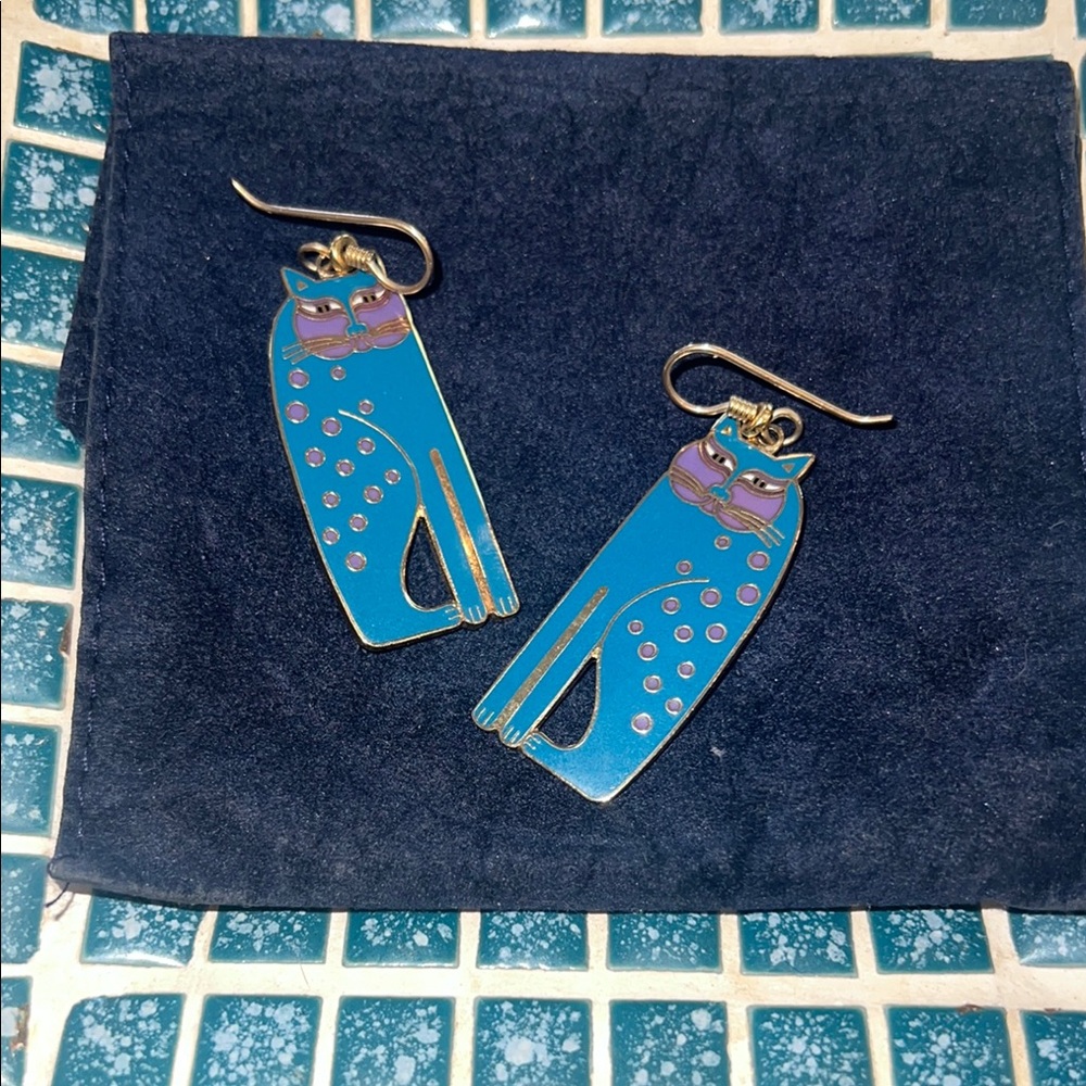 RARE  VINTAGE LAUREL BURCH TEAL CAT EARRINGS 🐱💗😸💛🌻